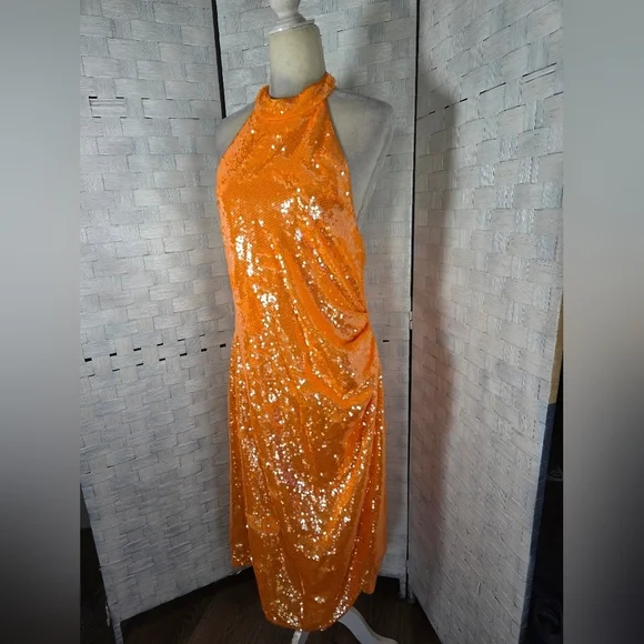 Caroline Constas Orange Sequin Halter Midi Dress